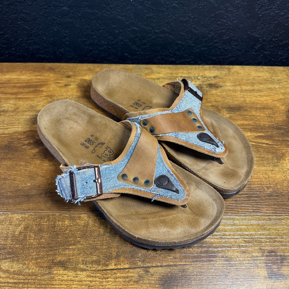 Birkenstock Gizeh Blue Denim Tan Leather Thong Sandals Women 10  EU 41